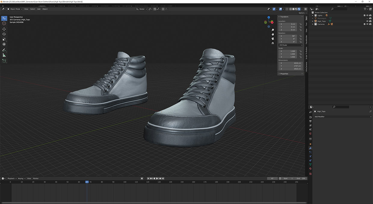 3D scanned high-top sneakers rendered in Blender with realistic texture details.